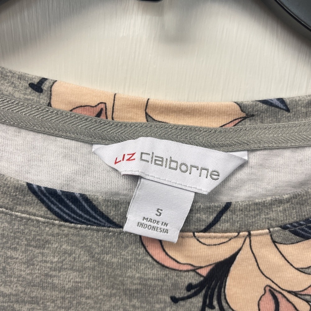 Liz Claiborne T-Shirt Gray Heather /Peach Floral Short Slv Cotton Top ~ Size S - Picture 2 of 7